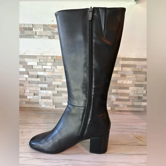 NEW EASY SPIRIT Black Leather Knee Boots Sz 10 Round Toe Block Heel Side Zip - Picture 7 of 12